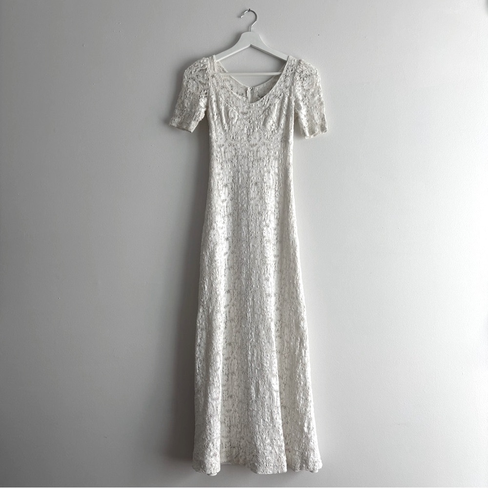 Vintage 70s LANZ Originals White Cotton Lace Maxi Dress / XXS